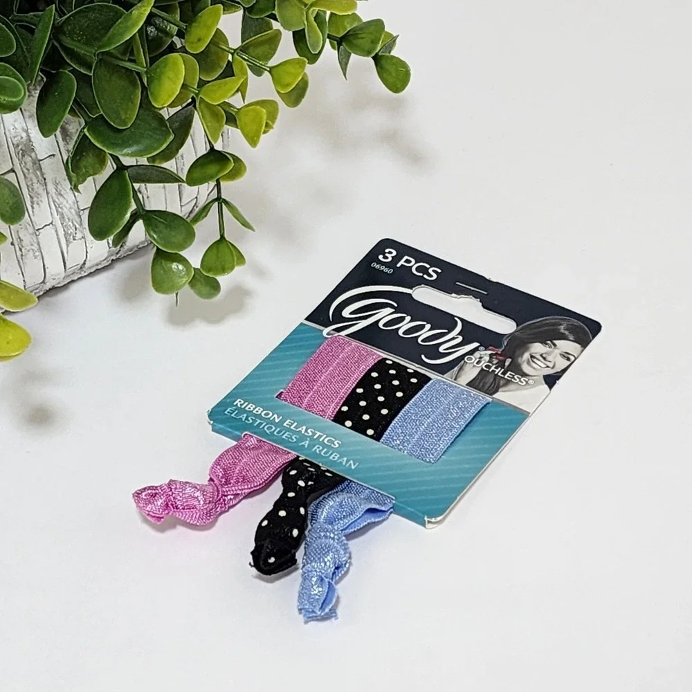 Goody Ouchless Ponytailers Ribbon Elastic Hair Tie 3 PCS Polka Black Blue Pink